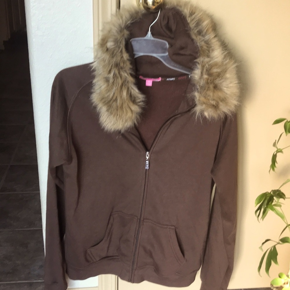 KENPO GIRLS Brown zip up with furry hoodie